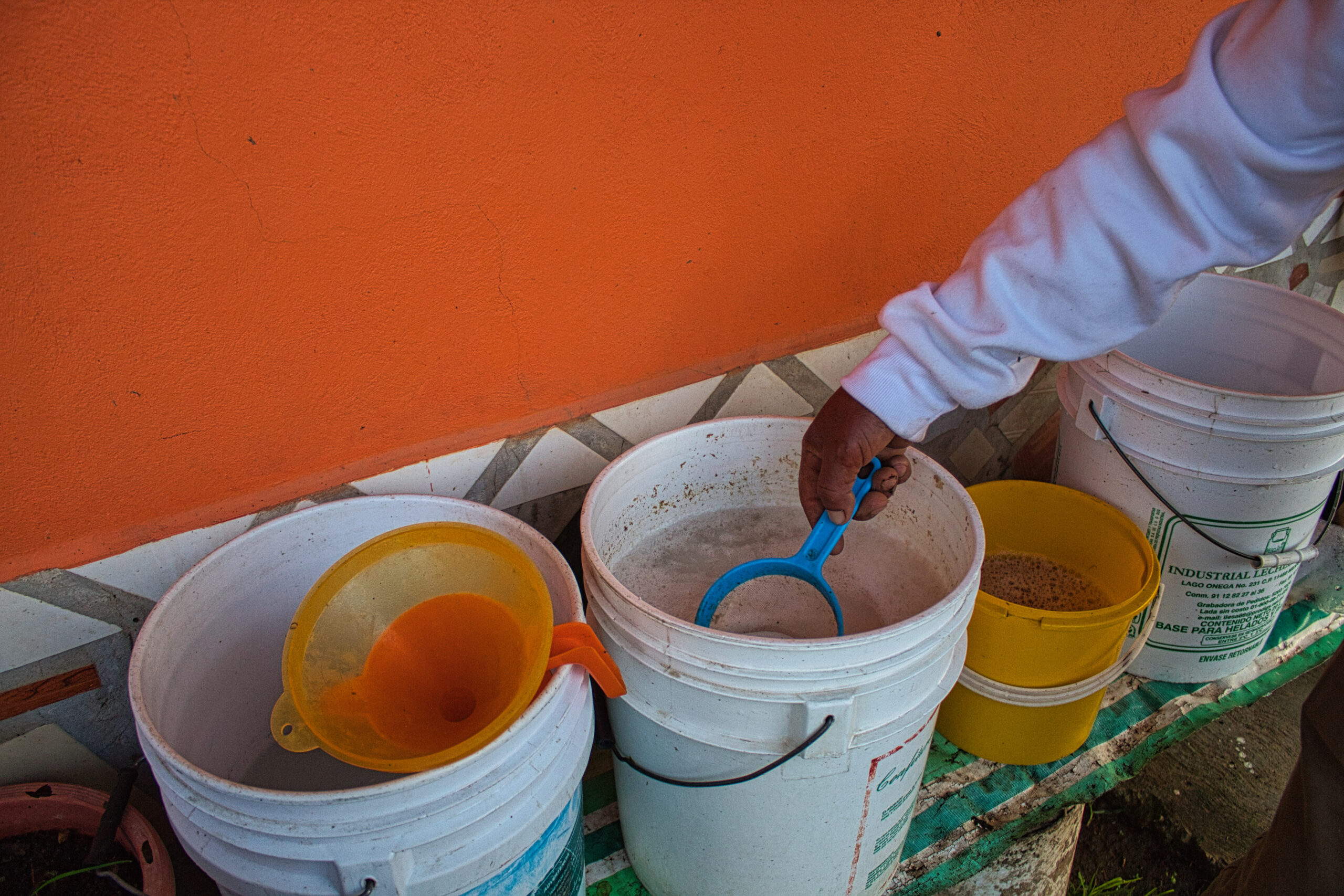 Pulque (cubeta blanca), aguamiel (cubeta amarilla)