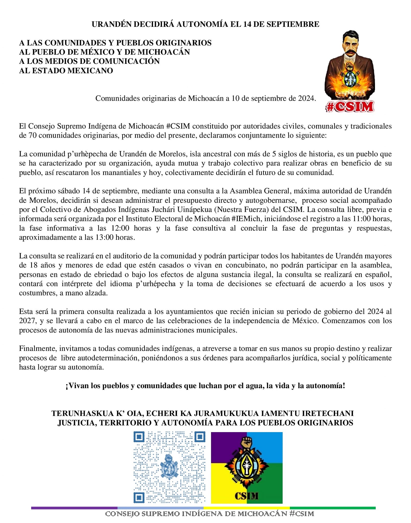 Comunidad de Urandén decidirá sobre su autonomía en consulta histórica el 14 de septiembre