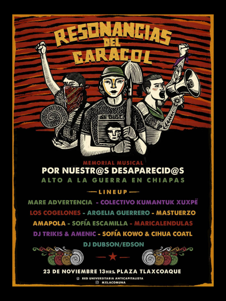 El Memorial Musical: Resonancias del Caracol por Nuestr@s Desaparecid@s, evento que se llevará a cabo el 23 de noviembre a partir de las 13 horas en la Plaza Tlaxcoaque de la CDMX, será un llamado de lucha y resistencia para visibilizar a las familias buscadoras y a los pueblos originarios.