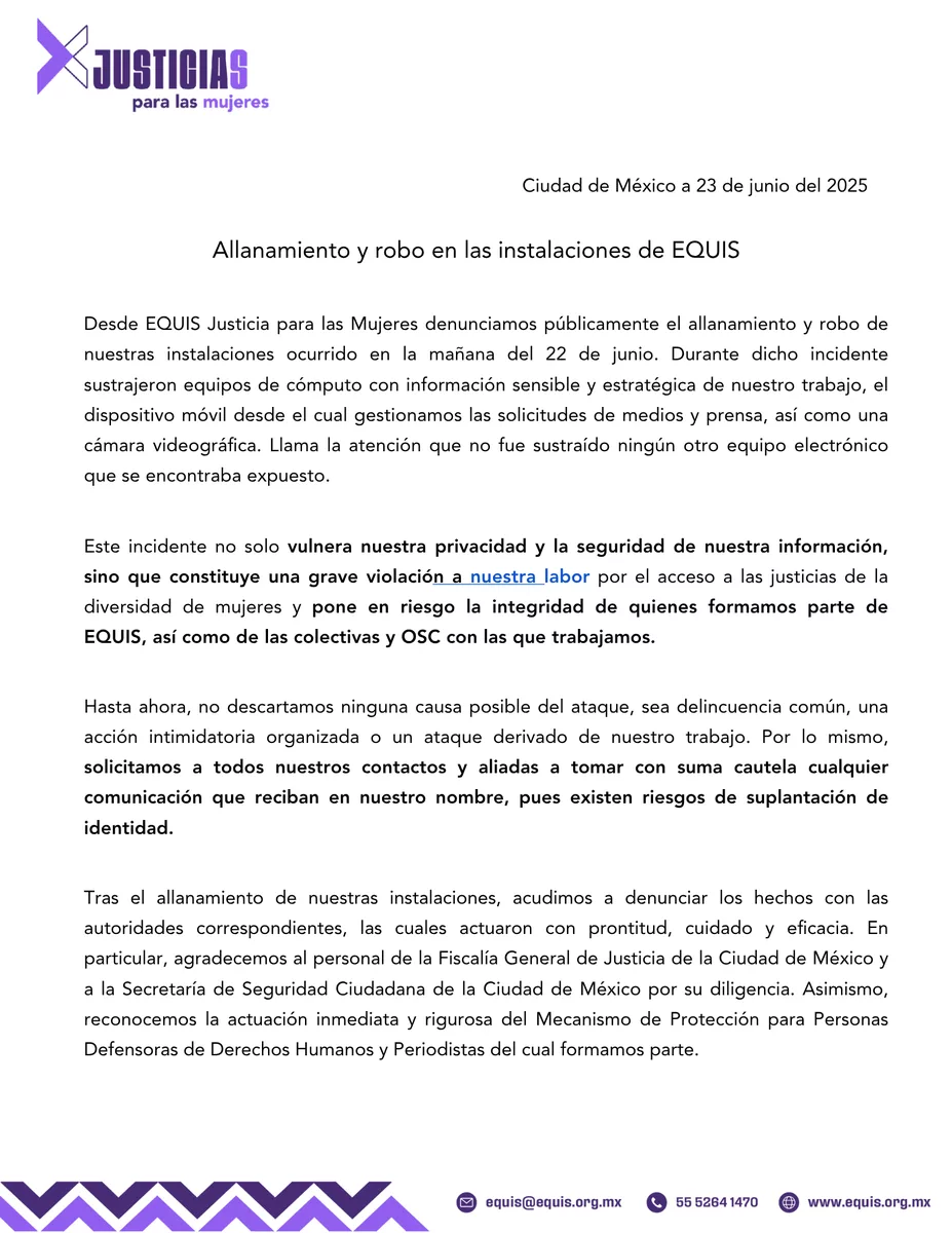 Comunicado publicado en redes sociales de EQUIS